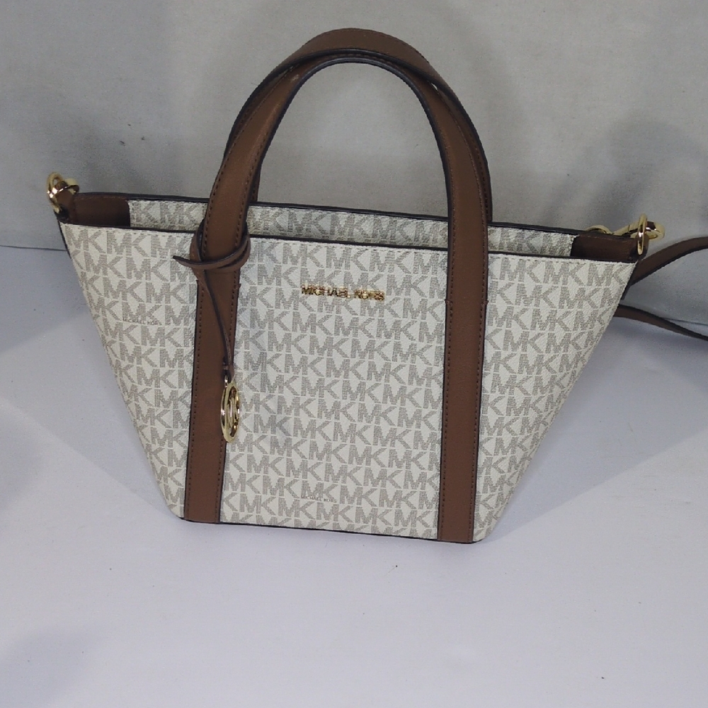 Michael Kors Cream Brown Signature Logo Satchel Canvas Leather Crossbody